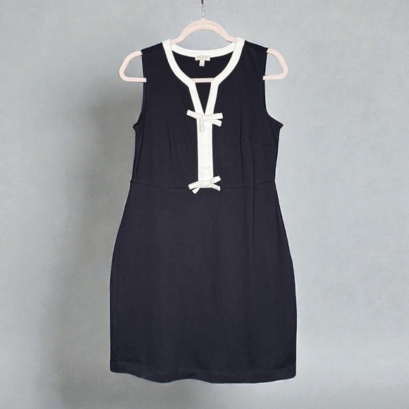 Talbots Petites Small Navy Cotton Sleeveless Dress White Trim Bow Detail Stretch - Picture 2 of 3